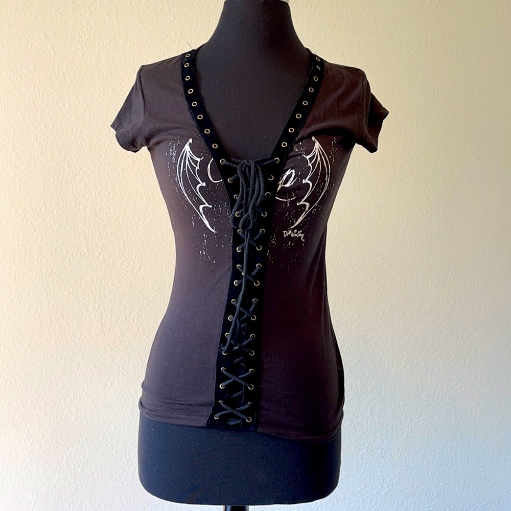 Demilune lace front biker tee top angel wings FINAL CLEARANCE